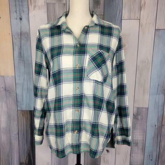 American Eagle Boyfriend Fit Green Red Plaid Long Sleeve Button Down Shirt Med - Picture 1 of 8